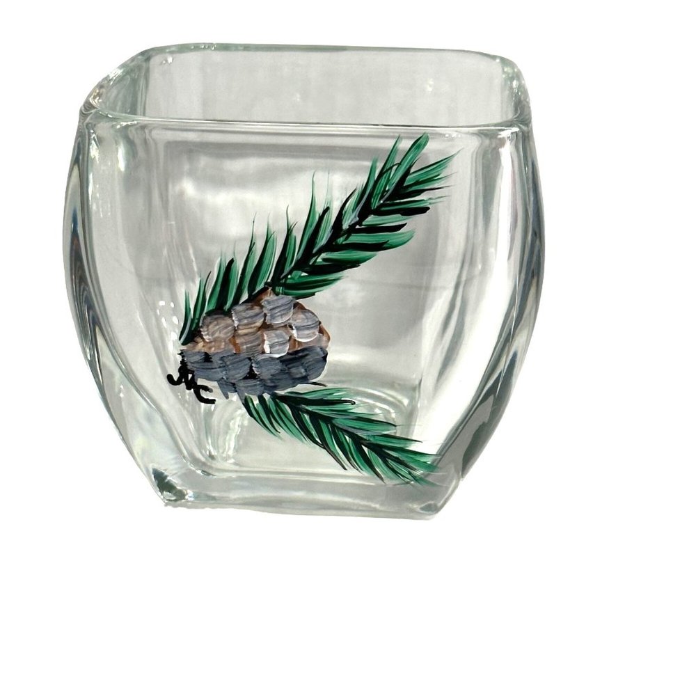 NWOT Hand painted signed pine cone with boughs glass votive candle holder